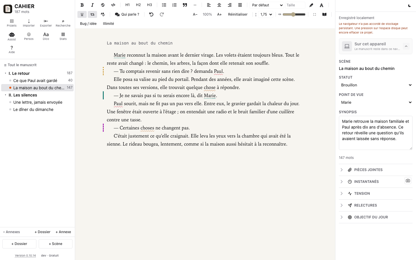 Capture de Cahier : classeur des chapitres à gauche, scène du roman au centre, synopsis et point de vue à droite.